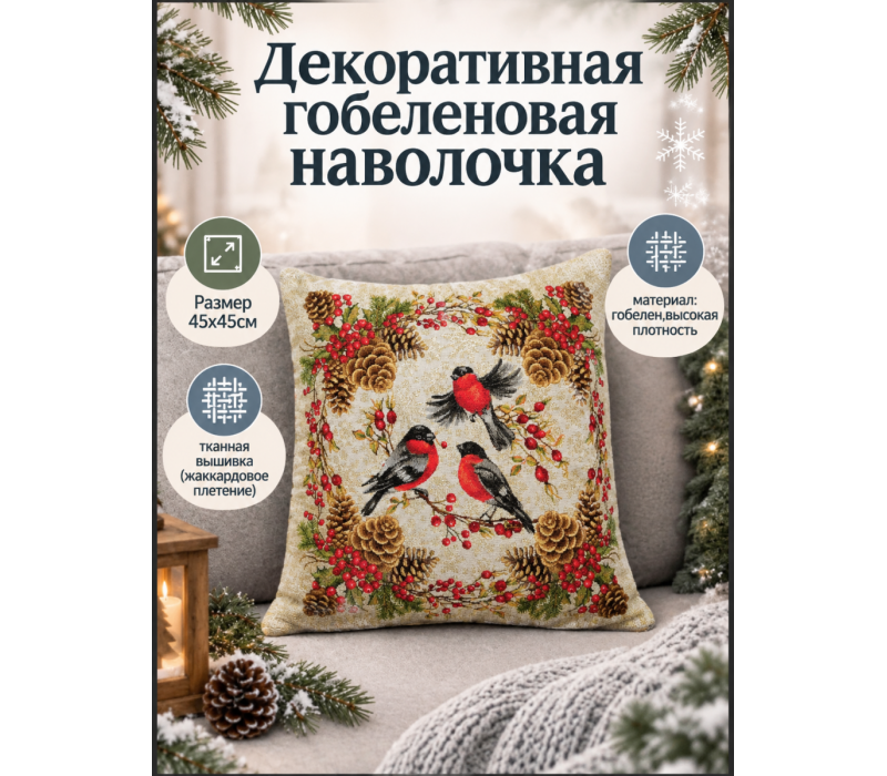 Декоративная гобеленовая наволочка "Снегири" (45х45)