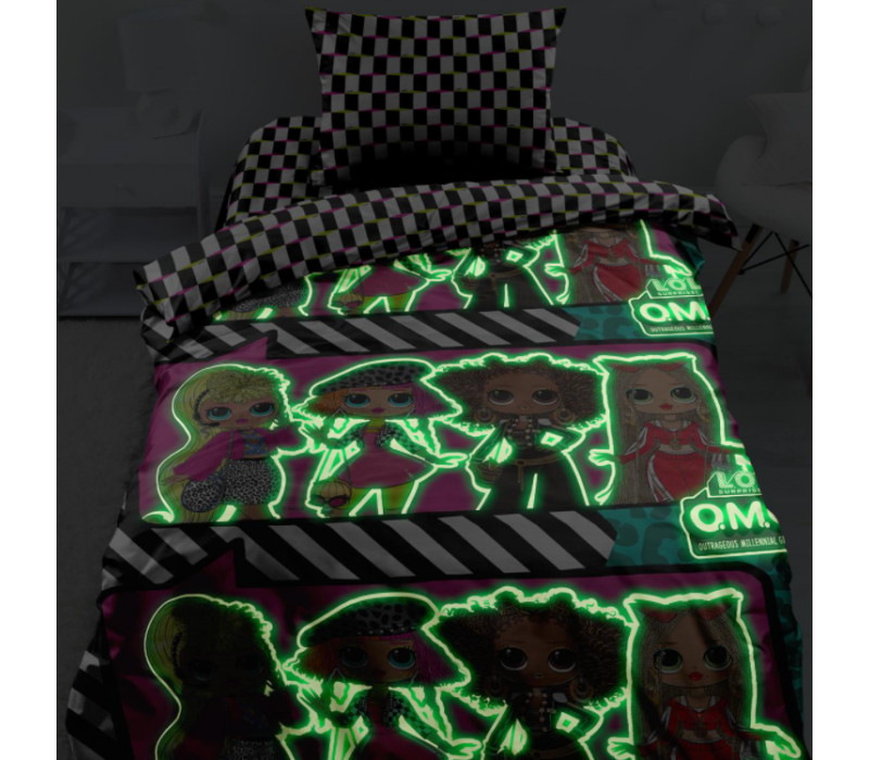 Детское постельное белье "LOL OMG Neon ЛОЛ Подиум", поплин 1.5сп., наволочка 70х70см светится в темноте