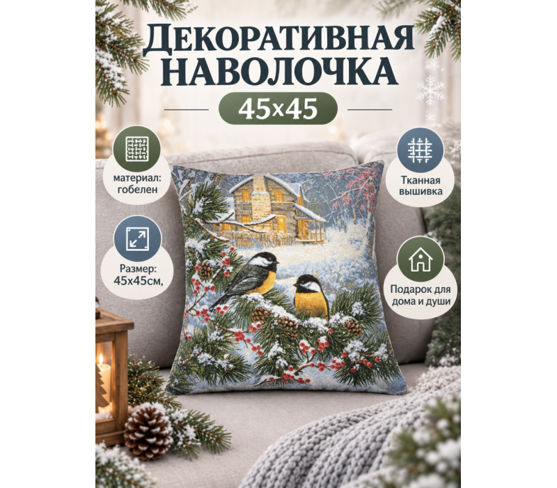 Декоративная гобеленовая наволочка "Зимний вечер . Синицы" 45х45 см