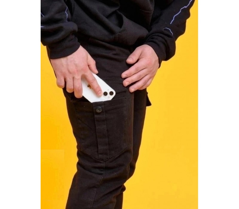 Брюки джоггеры мужские "Однотонные черные" с накладными карманами