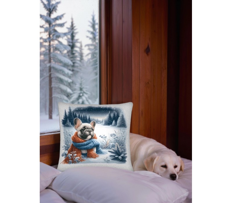 Гобеленовая наволочка "Французский бульдог и зимний лес" (45х45)