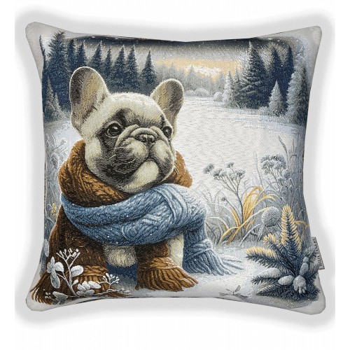 Гобеленовая наволочка "Французский бульдог и зимний лес" (45х45)