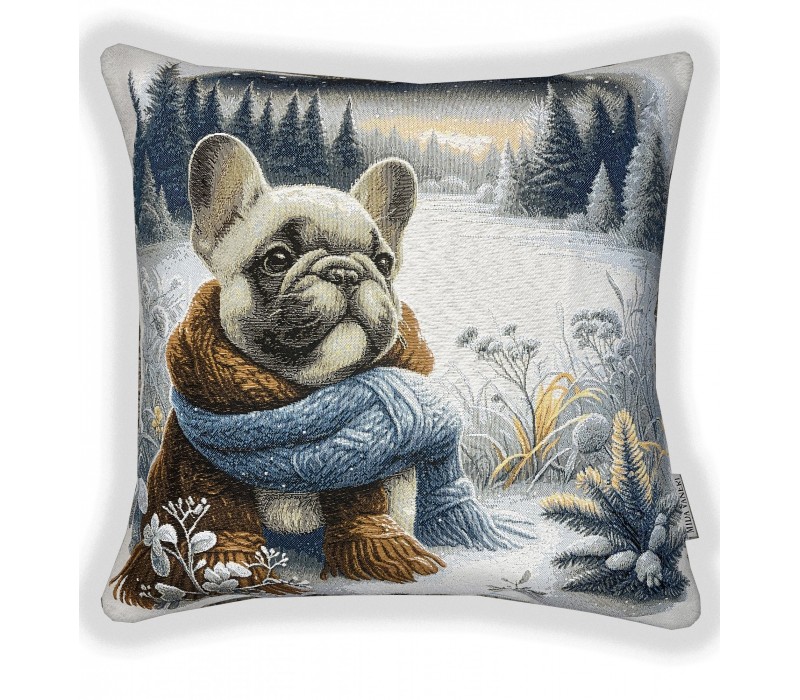 Гобеленовая наволочка "Французский бульдог и зимний лес" (45х45)