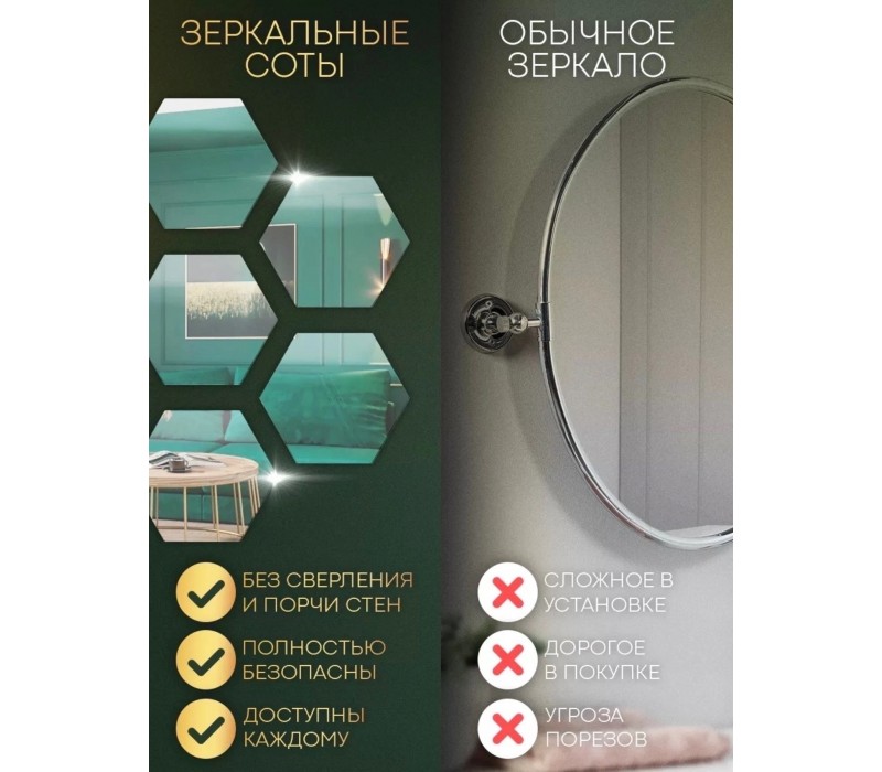 Зеркальные наклейки соты 12 шт